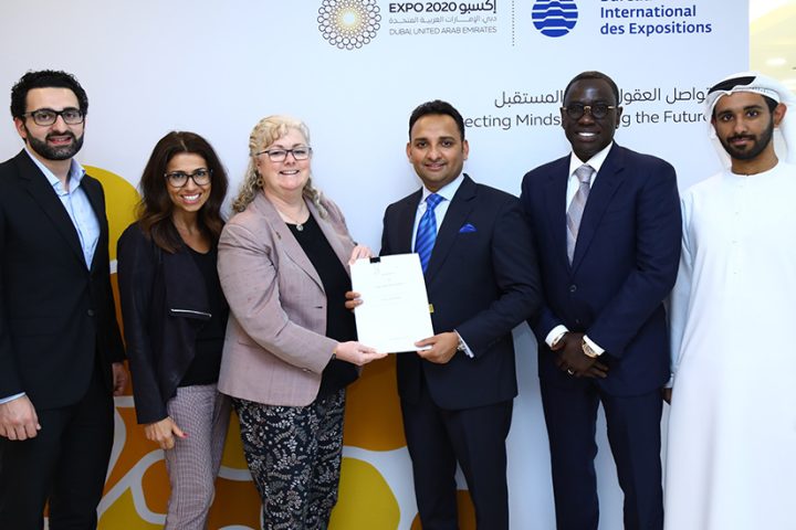 Sajid Barkat, CEO, AS World Group, 3rd from right, being awarded the authorised ticket reseller contract by Lisa Caudana, Director, Ticketing, Sales and Marketing, Expo 2020 Dubai