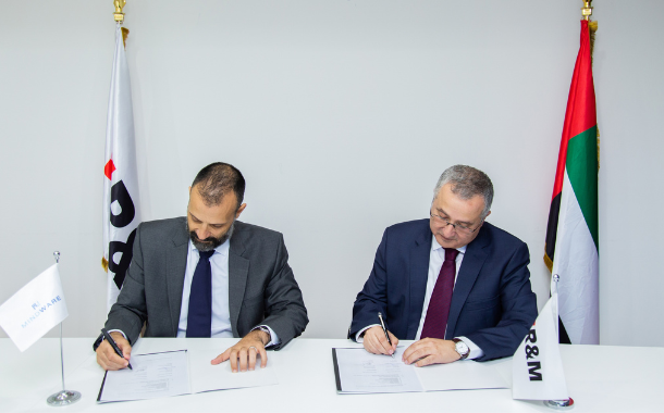 Mr. Nicholas Argyrides, General Manager - Gulf at Mindware (L) and Mr. Nabil Khalil, Executive Vice President - Middle East, Turkey and Africa at R&M (R) at the partnership signing ceremony.