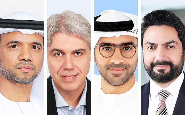 (Left to right) H.E. Eng. Jamal Salem Al Dhaheri, MD and CEO of Abu Dhabi Airports; Hani El Assaad, President Middle East & Africa, SITA; Ibrahim Al Mannaee, Chief Executive Officer, NEXT50; Osama Al Makharmeh, Executive Director, IDEMIA, UAE.