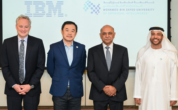 From left to right: Jonathan Adashek, Professor Eric Xing, Arvind Krishna, Sultan Al Hajji