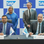 (Left to right) Himanshu Shrivastava, Chief Technology Officer at Al-Futtaim Group, and Zakaria Haltout, Managing Director for SAP UAE, signing the partnership agreement in the presence of Omar Al Futtaim Vice Chairman and CEO of Al-Futtaim Group and Christian Klein, global CEO and Member of the Executive Board of SAP SE.