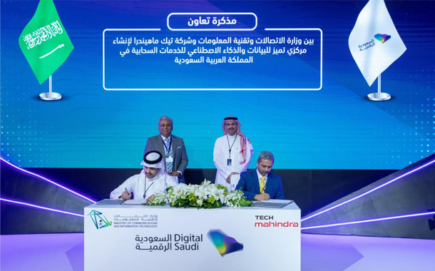 H. E Ibrahem N. Al-Nasser, Deputy Minister for Technology of MCIT (Saudi Arabia), and Ram Ramachandran, Head -Middle East & Africa, Tech Mahindra signing the MoU in the presence CP Gurnani, MD and CEO, Tech Mahindra and H.E Haitham AlOhali Vice Minister, MCIT (Saudi Arabia).