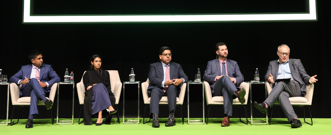 L-R Abe Dev, Vice President, Digital and Innovation, Riyadh Air; Amna Al Redha, Manager, Aviation X Lab; Kashif Khalid, Regional Director, Africa and Middle East, IATA; Kevin Hightower, Vice President of Product, Cirium; and Mark Frary, Co-Founder, Travel Perspective, at the aviation panel discussion at ATM 2024.