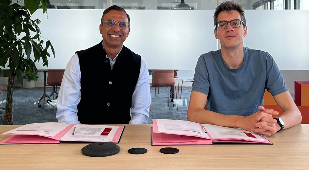 (Left to right) Abhijit Dubey, CEO and Chief AI Officer, NTT DATA, and Arthur Mensch, CEO Mistral AI