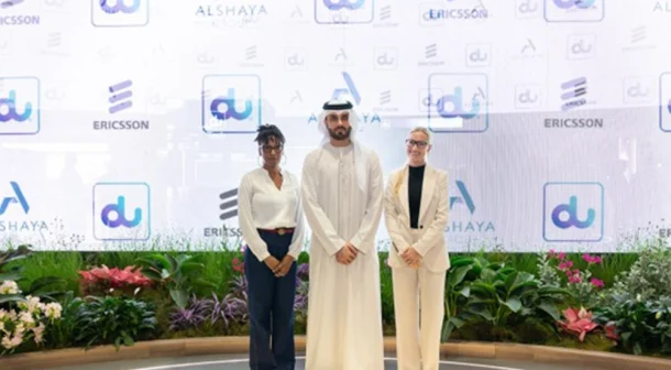 Seneca Cottom, Head of Sustainability at Alshaya Group; Jasim Al Awadi - Chief ICT Officer at du; Petra Schirren,President Gulf at Ericsson Europe, Middle East and Africa at the signing.