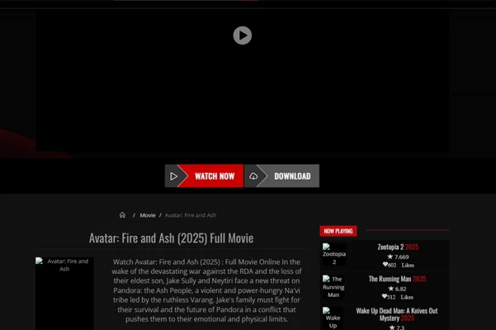 An example of a website offering to watch or download the movie Avatar 3 and other recent releases