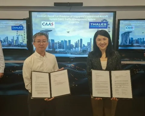 Mr. Keith HUANG, Deputy Director (Unmanned Sys Tech, Engineering & Planning), CAAS; Mr. TAN Chun Wei, Director (Unmanned Systems Technology, Engineering & Planning), CAAS; Emily TAN, Chief Executive Officer and Country Director, Thales in Singapore; Mr. Ludovic LANG, Director Unmanned Traffic Management and Digital Aviation, Thales.