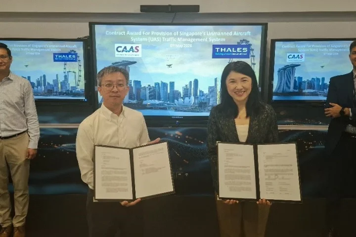 Mr. Keith HUANG, Deputy Director (Unmanned Sys Tech, Engineering & Planning), CAAS; Mr. TAN Chun Wei, Director (Unmanned Systems Technology, Engineering & Planning), CAAS; Emily TAN, Chief Executive Officer and Country Director, Thales in Singapore; Mr. Ludovic LANG, Director Unmanned Traffic Management and Digital Aviation, Thales.
