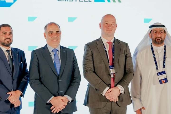 (L-R) SAP UAE’s Eddy Azar, Senior Manager, Strategic Industries, and Marwan Zeineddine, Managing Director, with EMSTEEL’s Vladimir Arshinov, Group CTO, and Ahmed Alhosani, Director, IT and Business Solutions.