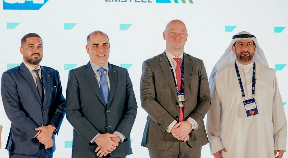 (L-R) SAP UAE’s Eddy Azar, Senior Manager, Strategic Industries, and Marwan Zeineddine, Managing Director, with EMSTEEL’s Vladimir Arshinov, Group CTO, and Ahmed Alhosani, Director, IT and Business Solutions.