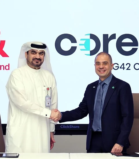 (L-R) Abdulla Ebrahim Al Ahmed, Chief Government and VVIP Relations Officer, e& UAE, and Sherif Tawfik, Chief Business Officer, Core42.