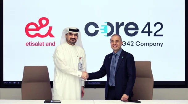 (L-R) Abdulla Ebrahim Al Ahmed, Chief Government and VVIP Relations Officer, e& UAE, and Sherif Tawfik, Chief Business Officer, Core42.