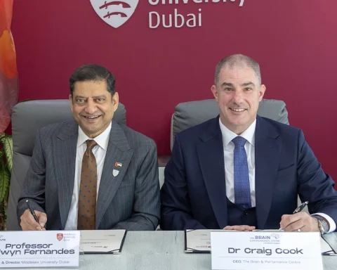 (L-R) Professor Cedwyn Fernandes, Provost and Director of Middlesex University Dubai, and Dr Craig Cook, Chief Executive Officer of The Brain & Performance Centre.
