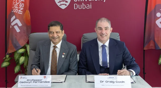 (L-R) Professor Cedwyn Fernandes, Provost and Director of Middlesex University Dubai, and Dr Craig Cook, Chief Executive Officer of The Brain & Performance Centre.