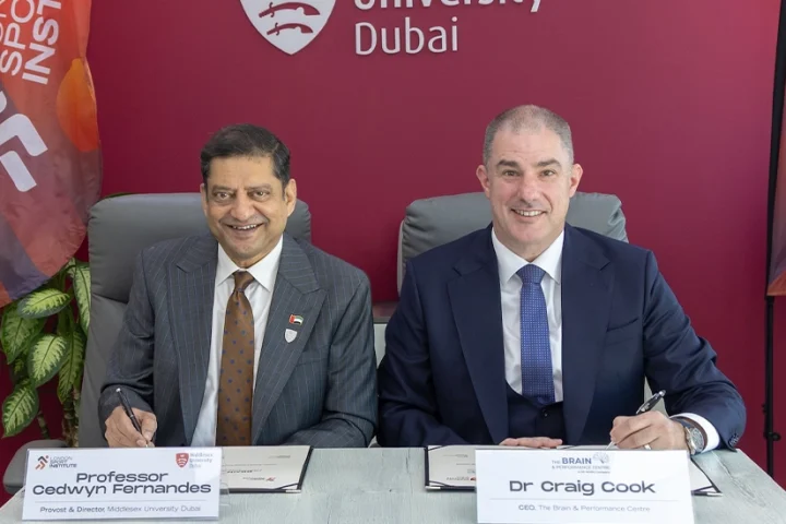 (L-R) Professor Cedwyn Fernandes, Provost and Director of Middlesex University Dubai, and Dr Craig Cook, Chief Executive Officer of The Brain & Performance Centre.