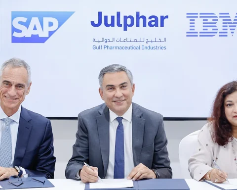 (L-R) Sergio Maccotta, Senior Vice President and General Manager SAP MEA South, SAP | Basel Ziyadeh, Julphar Chief Executive Officer | Lula Mohanty, Managing Partner, IBM.