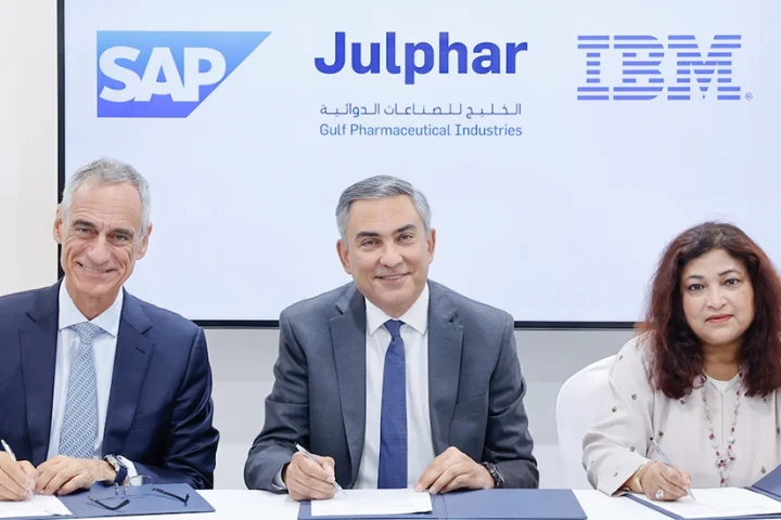 (L-R) Sergio Maccotta, Senior Vice President and General Manager SAP MEA South, SAP | Basel Ziyadeh, Julphar Chief Executive Officer | Lula Mohanty, Managing Partner, IBM.