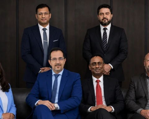 (L-R) Nandini Sapru, General Manager GCC, Mo Mobasseri CEO META & Eurasia, Praven Pillay, General Manager Africa, Levent Ozdyai General Manager Eurasia, Standing from right: Ugur Ucanok General Manager Turkey, Mir Hamid Ali, General Manager North and East Africa.