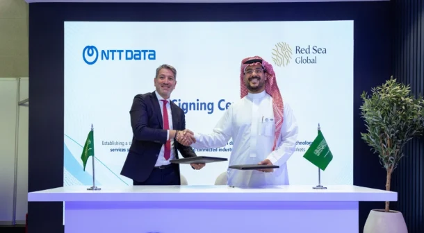 (L-R) Rami Beidas, Managing Director, Saudi Arabia at NTT DATA and Sultan Moraished, Group Head of Technology and Corporate Excellence of Red Sea Global.