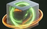 Abstract 3D translucent cube with glowing green and orange light trails and a surrounding energy ring