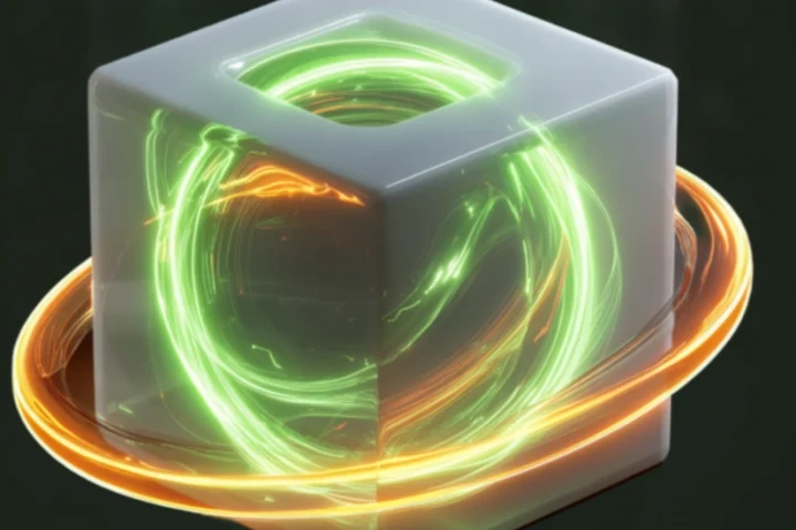 Abstract 3D translucent cube with glowing green and orange light trails and a surrounding energy ring