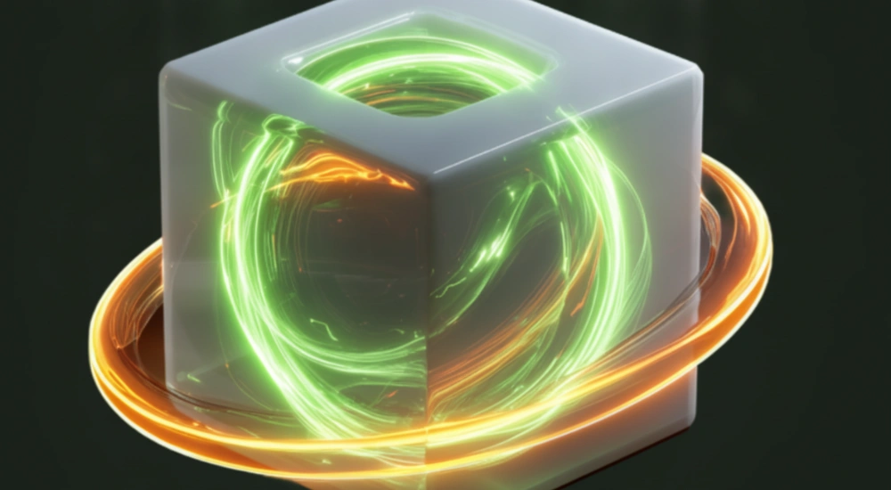 Abstract 3D translucent cube with glowing green and orange light trails and a surrounding energy ring